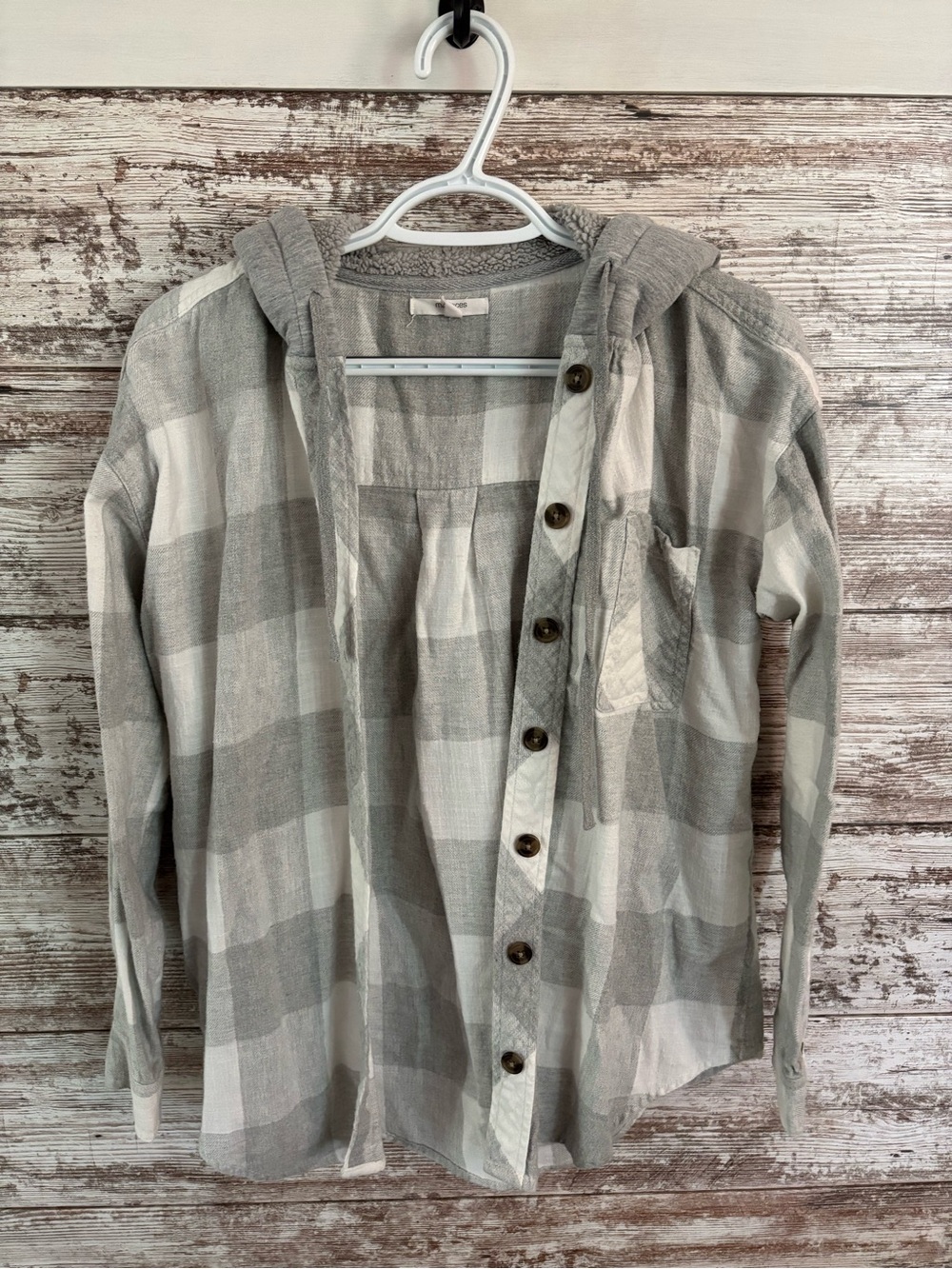 Maurices Gray and White Plaid Hooded Button-Down Shirt